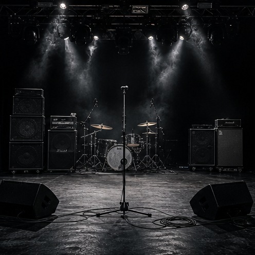 Smoky concert stage with a single microphone