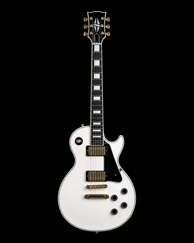 White single-cut electric guitar on a black background with smoke floating upward behind it